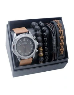 Sleek Stylish Watch with 4 Bracelets Gift Box Set in Black/Brown