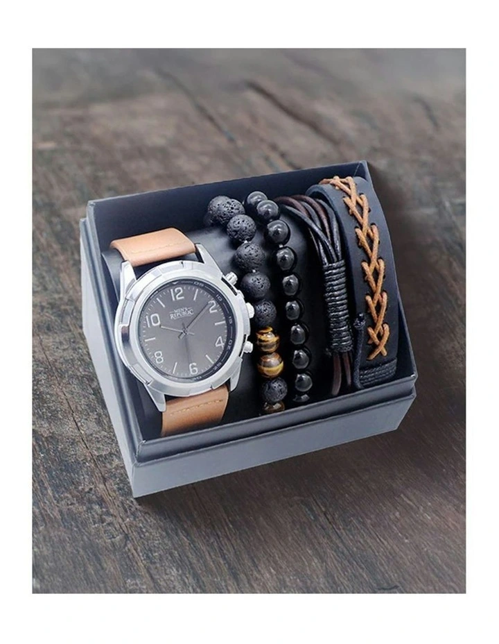 Sleek Stylish Watch with 4 Bracelets Gift Box Set in Black/Brown image 7