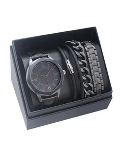 Sleek Stylish Watch with 3 Bracelets Gift Box Set in Gun Metal Grey