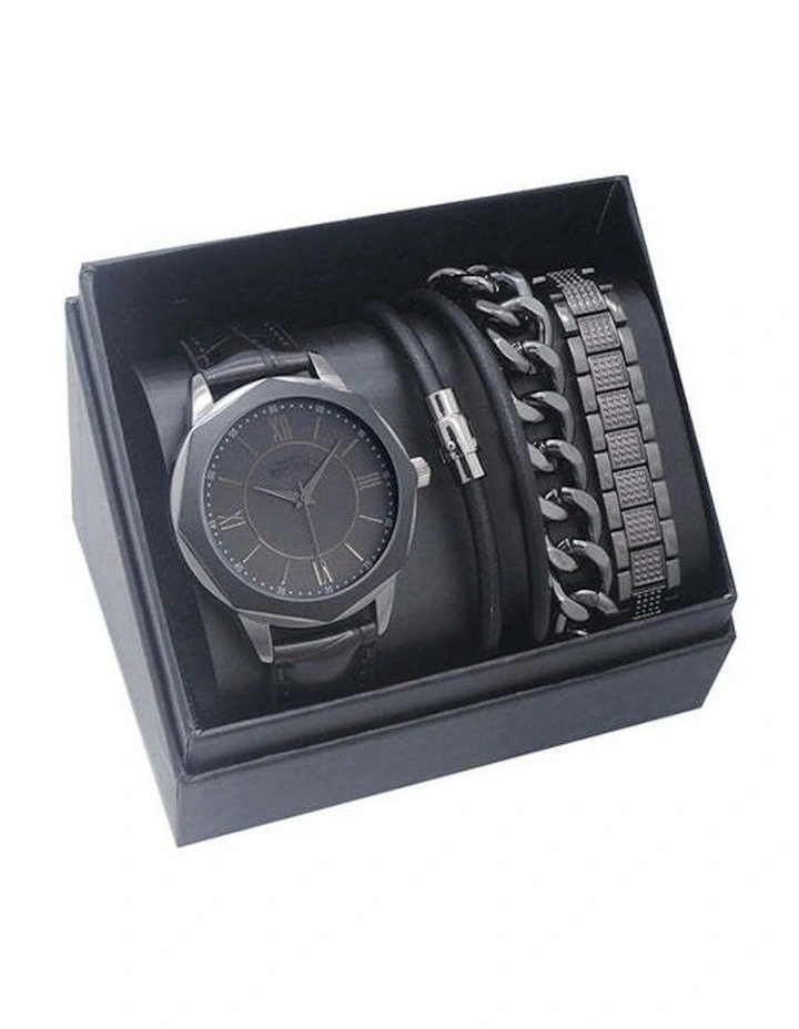 Sleek Stylish Watch with 3 Bracelets Gift Box Set in Gun Metal Grey image 1
