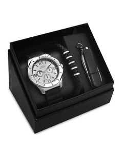 Casual Sleek Modern Watch with Pocket Knife and Bracelet Gift Set in Black