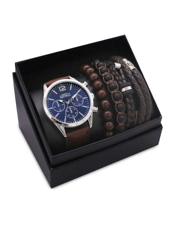 Casual Sleek Modern Watch Set with 4 Bracelets 5 Pieces in Blue Face image 1