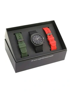 Versatile Replaceable Watch Set in Red/Green Bands Gun Metal