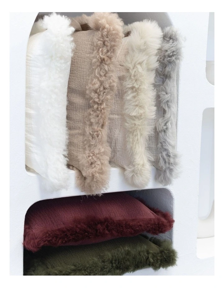 French Linen Cushion with Genuine Lambskin Trim 45x45cm in Ivory image 3