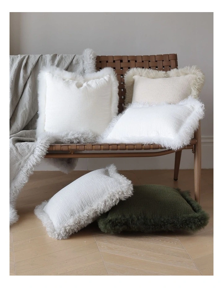 French Linen Cushion with Genuine Lambskin Trim 45x45cm in Grey image 2