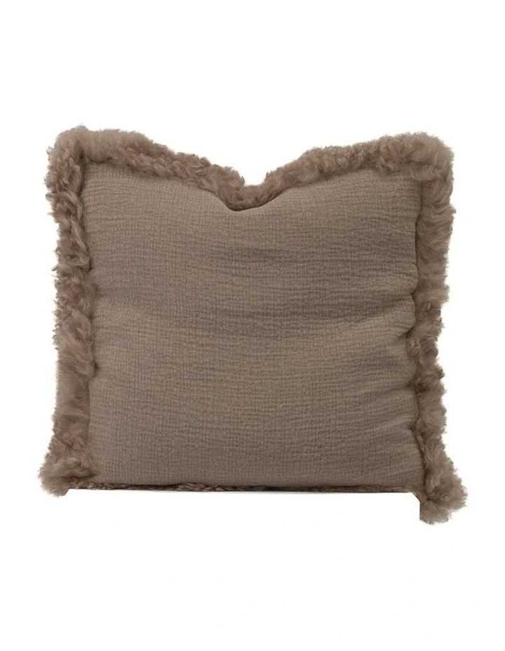 French Linen Cushion with Genuine Lambskin Trim 45x45cm in Brown image 1