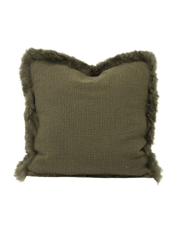 French Linen Cushion with Genuine Lambskin Trim 45x45cm in Green image 1