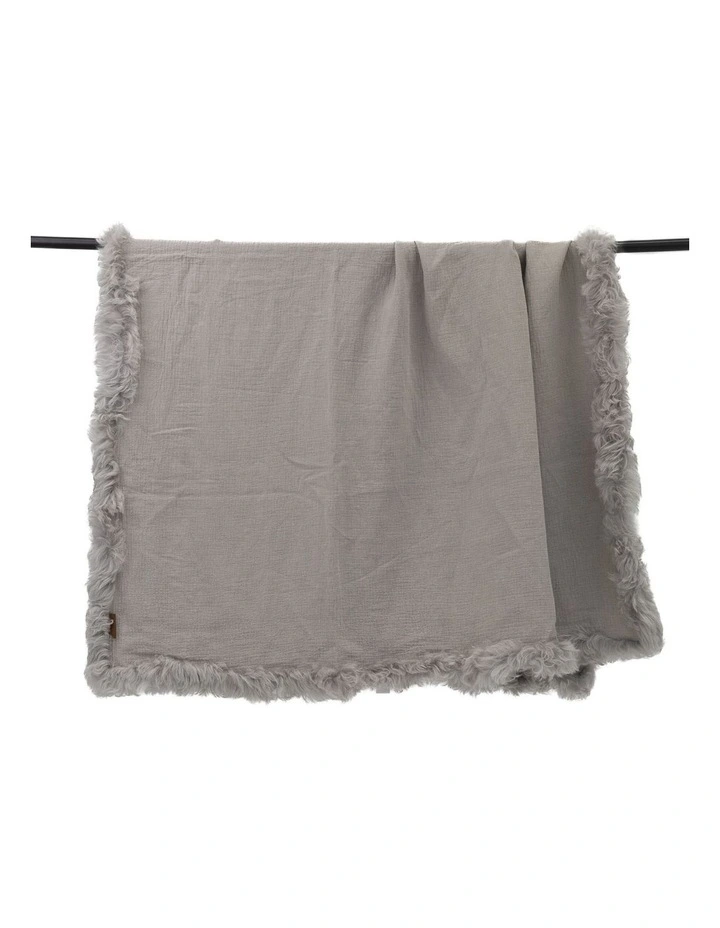 French Linen Throw Rug with Genuine Lambskin Trim 140x180cm in Grey image 1