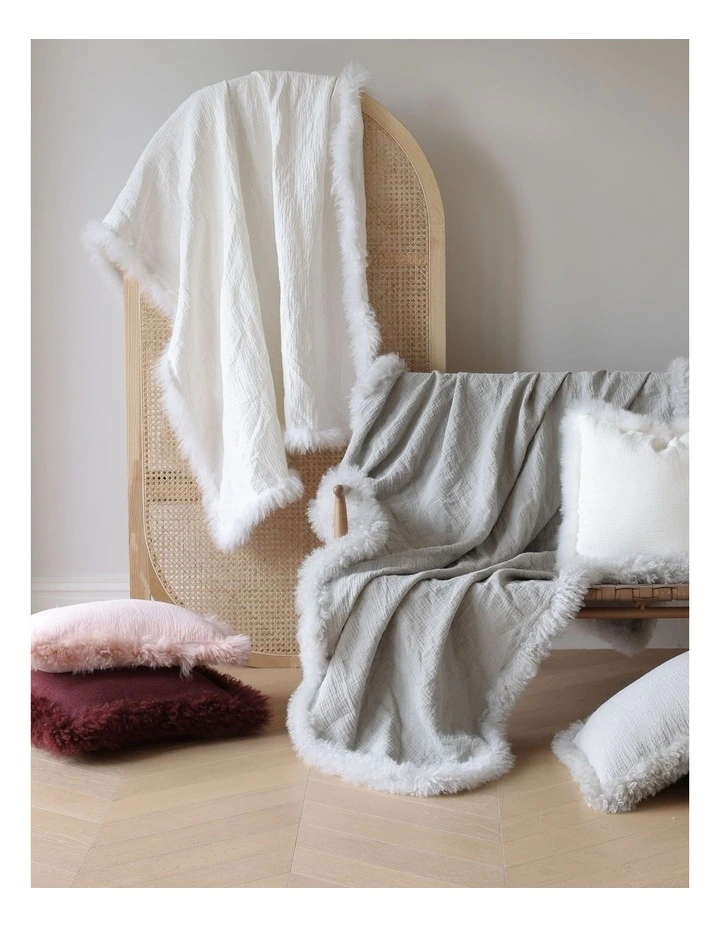 French Linen Throw Rug with Genuine Lambskin Trim 140x180cm in Grey image 2