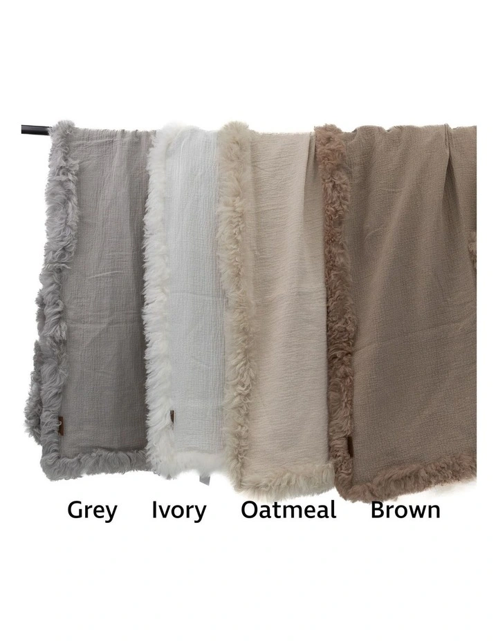 French Linen Throw Rug with Genuine Lambskin Trim 140x180cm in Grey image 3