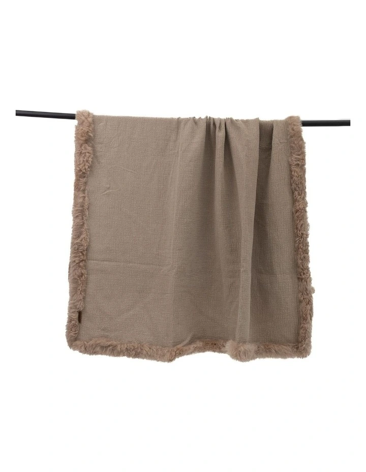 French Linen Throw Rug with Genuine Lambskin Trim 140x180cm in Brown image 1