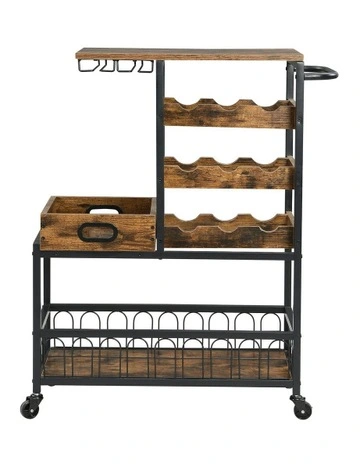 Bar Cart on Wheels with Wine Rack and Glass Holder in Rustic Brown