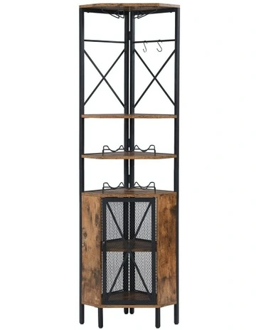 6-Tier Pentagon Corner Shelf with Storage Cabinet in Rustic Dark Brown