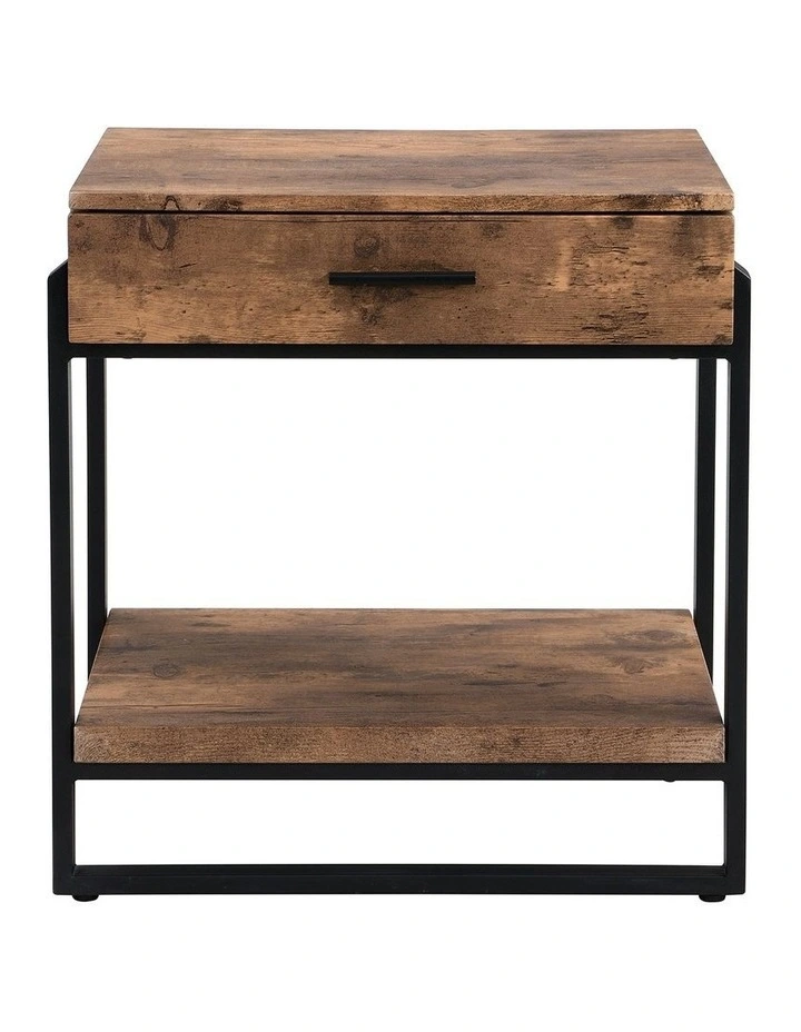 Industrial Wood and Metal Nightstand with Drawer in Rustic Dark Brown image 1