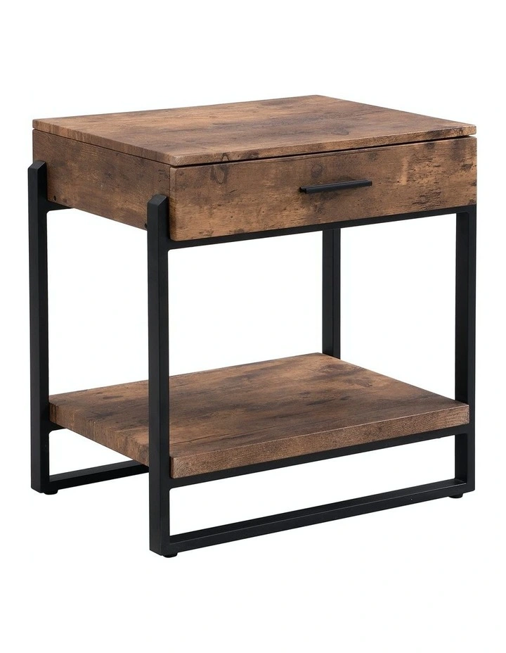 Industrial Wood and Metal Nightstand with Drawer in Rustic Dark Brown image 2