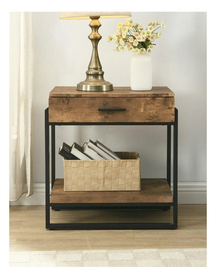 Industrial Wood and Metal Nightstand with Drawer in Rustic Dark Brown image 7