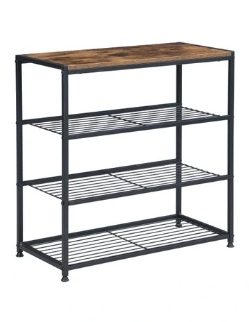 4-Tier Tower Metal & Faux Antique Wood Shoe Rack in Brown/Black