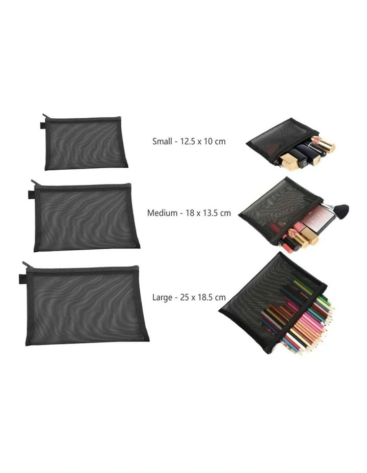 Zipper Travel Cosmetic Mesh Bag Set 3 Pack in Black image 4