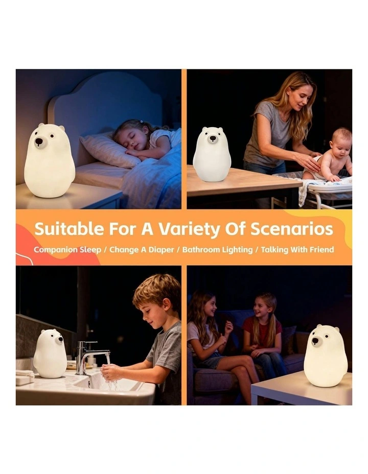 Squishy Silicone Polar Bear Night Light with 8-Colour Tap Control And Timer in Beige image 2