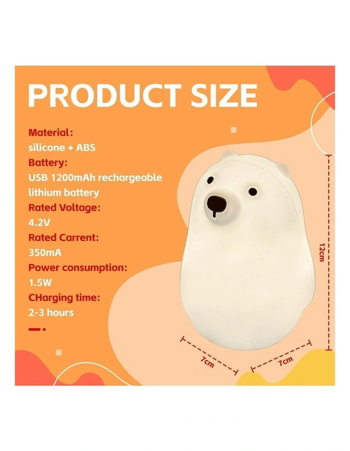 Squishy Silicone Polar Bear Night Light with 8-Colour Tap Control And Timer in Beige image 3