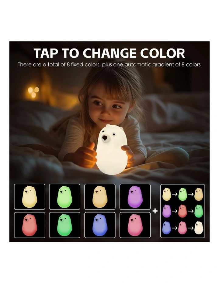 Squishy Silicone Polar Bear Night Light with 8-Colour Tap Control And Timer in Beige image 4