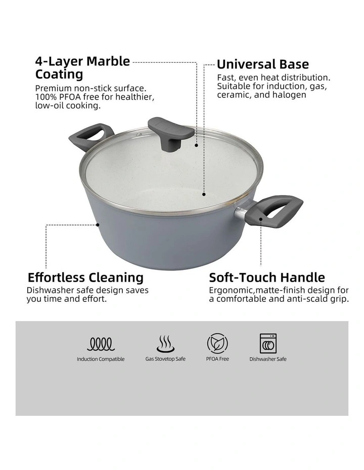 Non-Stick Marble Casserole with Glass Lid 24cm in Grey image 4