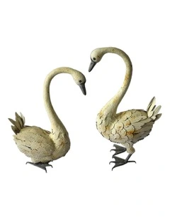 Garden Ornament Swan Couple in Distressed White