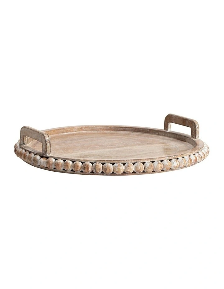 Handcrafted Mangowood Beaded Round Tray in Natural/Whitewash image 1