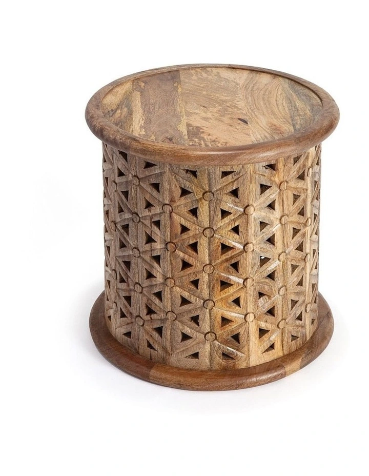 Round Mango Wood Carved Side Table in Natural image 1