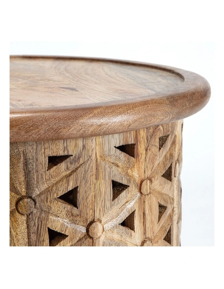 Round Mango Wood Carved Side Table in Natural image 2