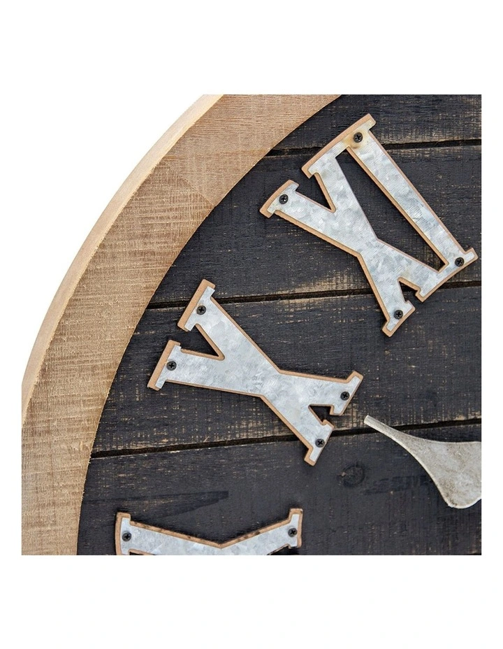 60 cm Vintage Galvanised Wood Wall Clock in Black image 2