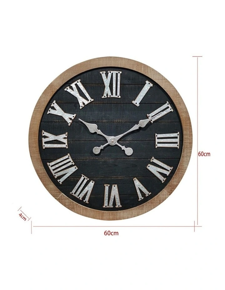 60 cm Vintage Galvanised Wood Wall Clock in Black image 5