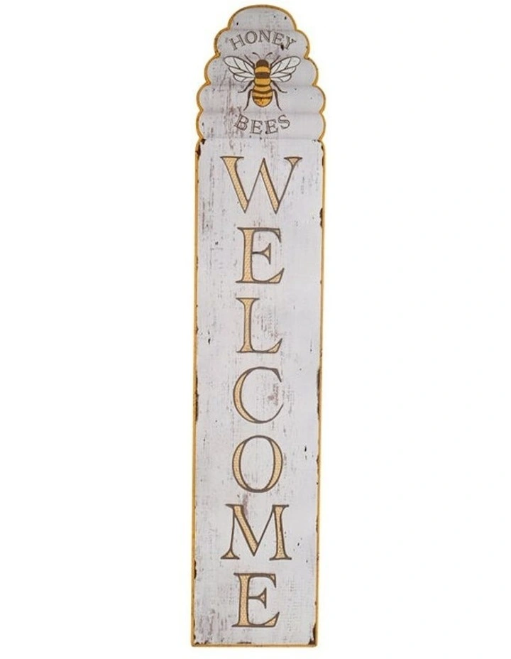 Honey Bees Welcome 120cm Wall Sign in Distressed White/Yellow image 1