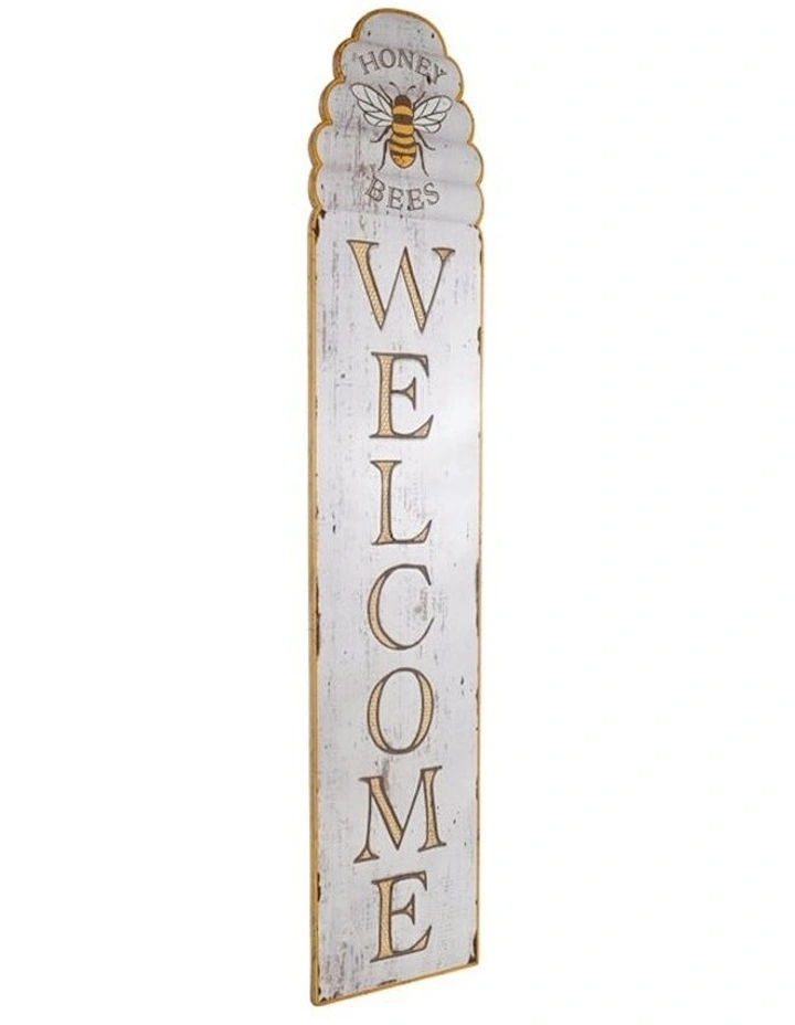 Honey Bees Welcome 120cm Wall Sign in Distressed White/Yellow image 2