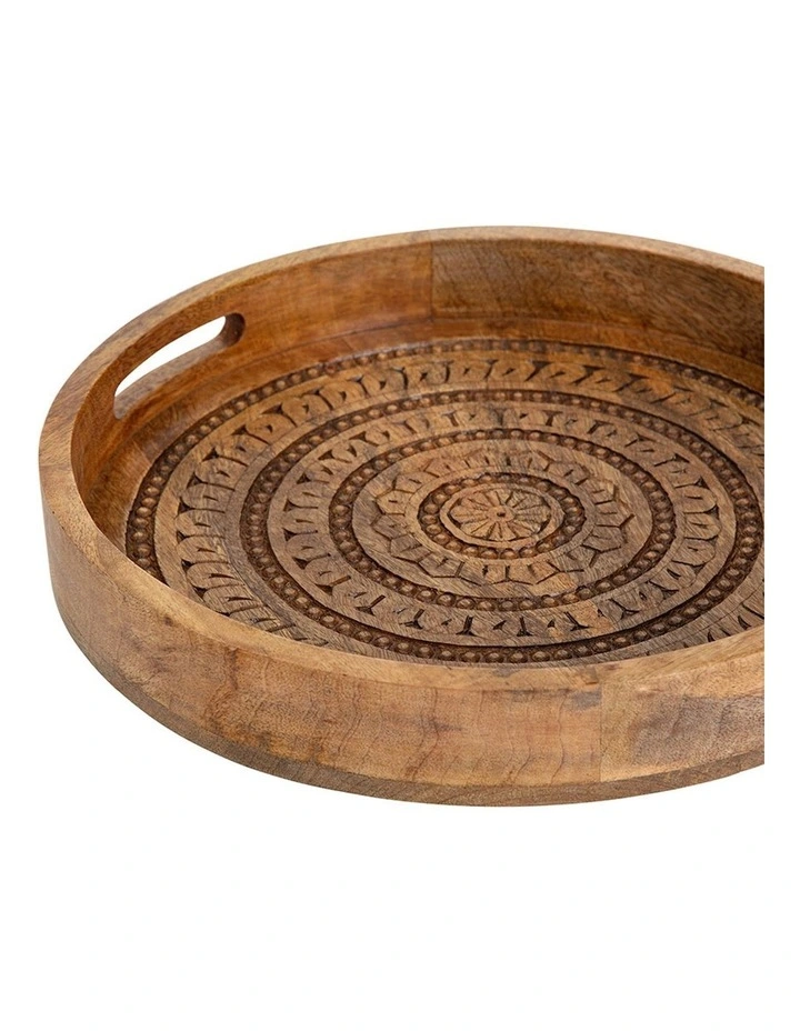 Handcrafted Round Mango Wood Mandala Tray in Natural image 3
