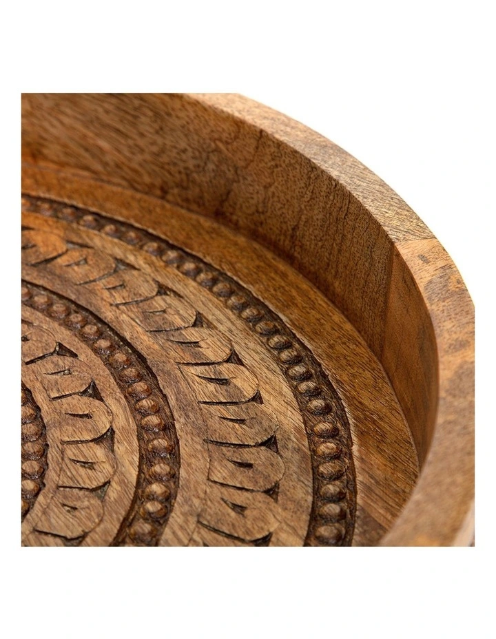 Handcrafted Round Mango Wood Mandala Tray in Natural image 5