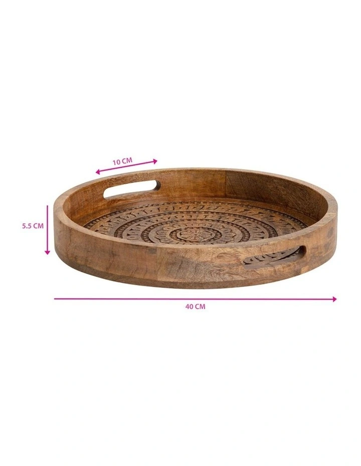 Handcrafted Round Mango Wood Mandala Tray in Natural image 6