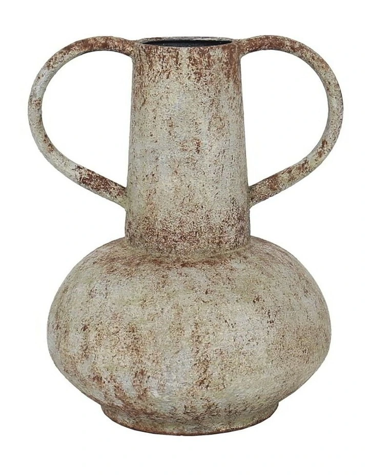 Vintage Metal Pot Aged Vase with Wide Base & Handles in Aged Distressed White image 1