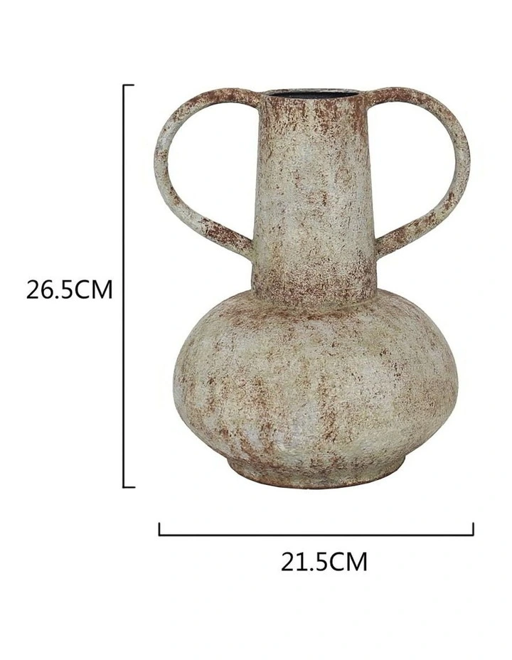 Vintage Metal Pot Aged Vase with Wide Base & Handles in Aged Distressed White image 2