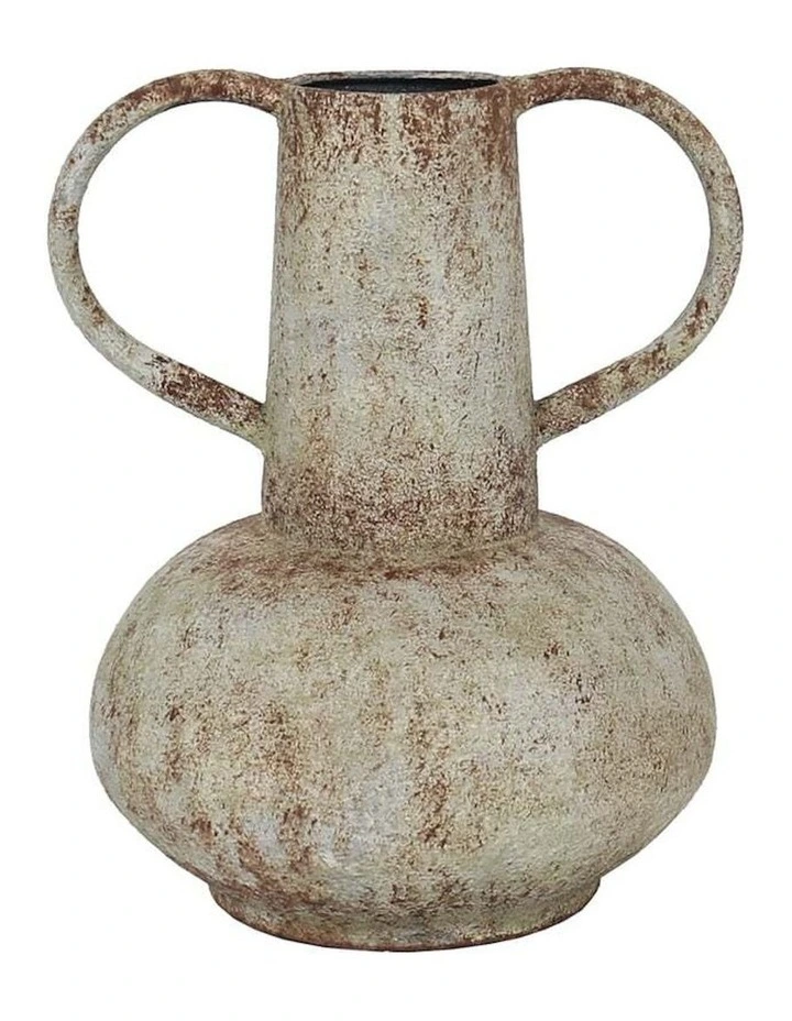 Vintage Metal Pot Aged Vase with Wide Base & Handles in Aged Distressed White image 3