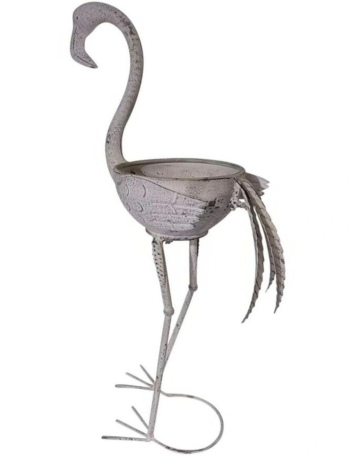 Big Bird Pot Metal Flamingo Planter in Distressed White image 1