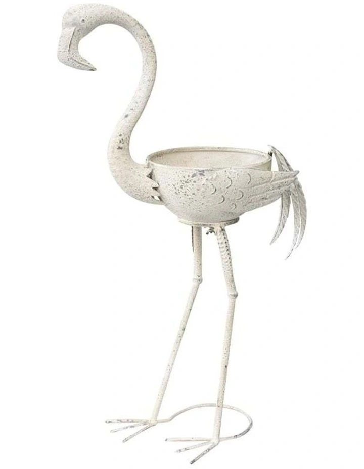 Big Bird Pot Metal Flamingo Planter in Distressed White image 2