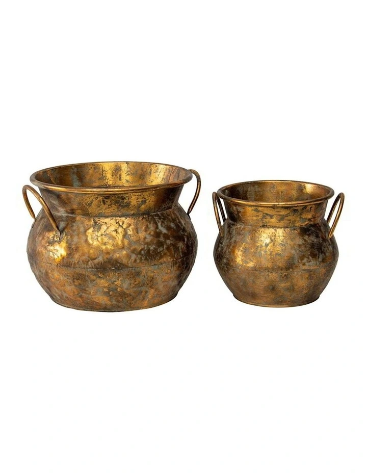 Moroccan Antique Pots Set of 2 in Distressed Gold image 2