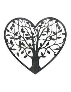 Laser-Cut Metal Tree of Life Heart with Birds Wall Art 45cm in Rust