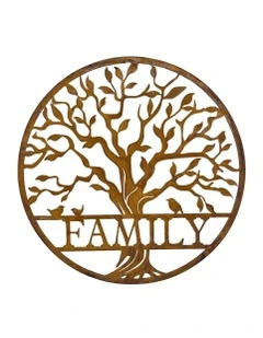 Laser-Cut Tree of Life w/ Birds 'Family' Sign Wall Art in Rust