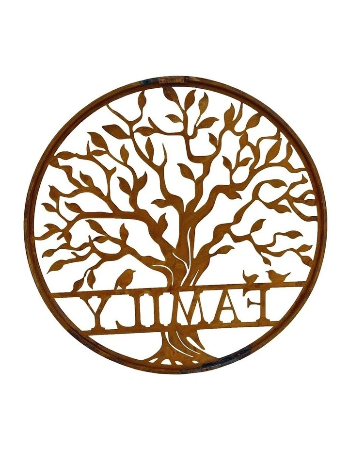 Laser-Cut Tree of Life w/ Birds 'Family' Sign Wall Art in Rust image 2