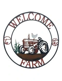 Laser-Cut Tractor/Chook 'Welcome to Farm' Sign Wall Art 60cm in Red