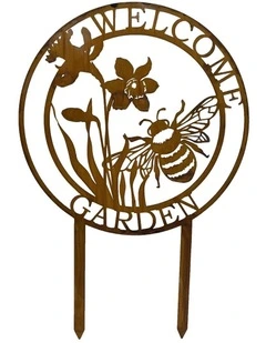 Laser-Cut Dragonfly/Flower 'Welcome Garden' Sign Stake 80cm in Rust