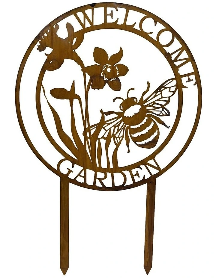 Laser-Cut Dragonfly/Flower 'Welcome Garden' Sign Stake 80cm in Rust image 1