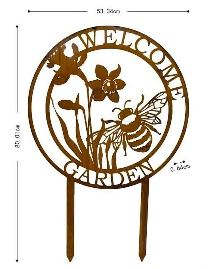 Laser-Cut Dragonfly/Flower 'Welcome Garden' Sign Stake 80cm in Rust image 2
